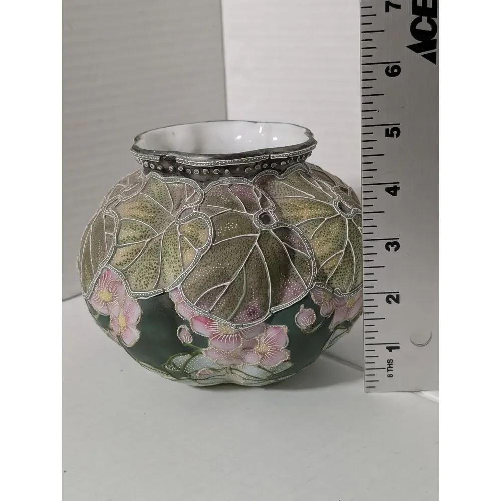 Antique Nippon Moriage Lobed Porcelain Vase Lotus Leaf Floral